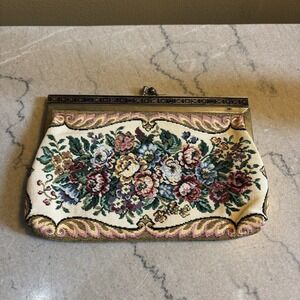 Vintage mid century petite point floral needlepoint kiss lock clutch‎ bag